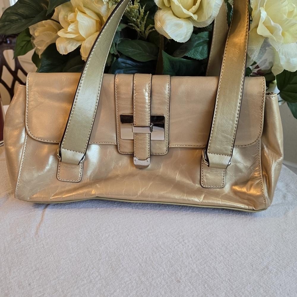 Peck & Peck Metallic Gold Shoulder Bag with Front Buckle